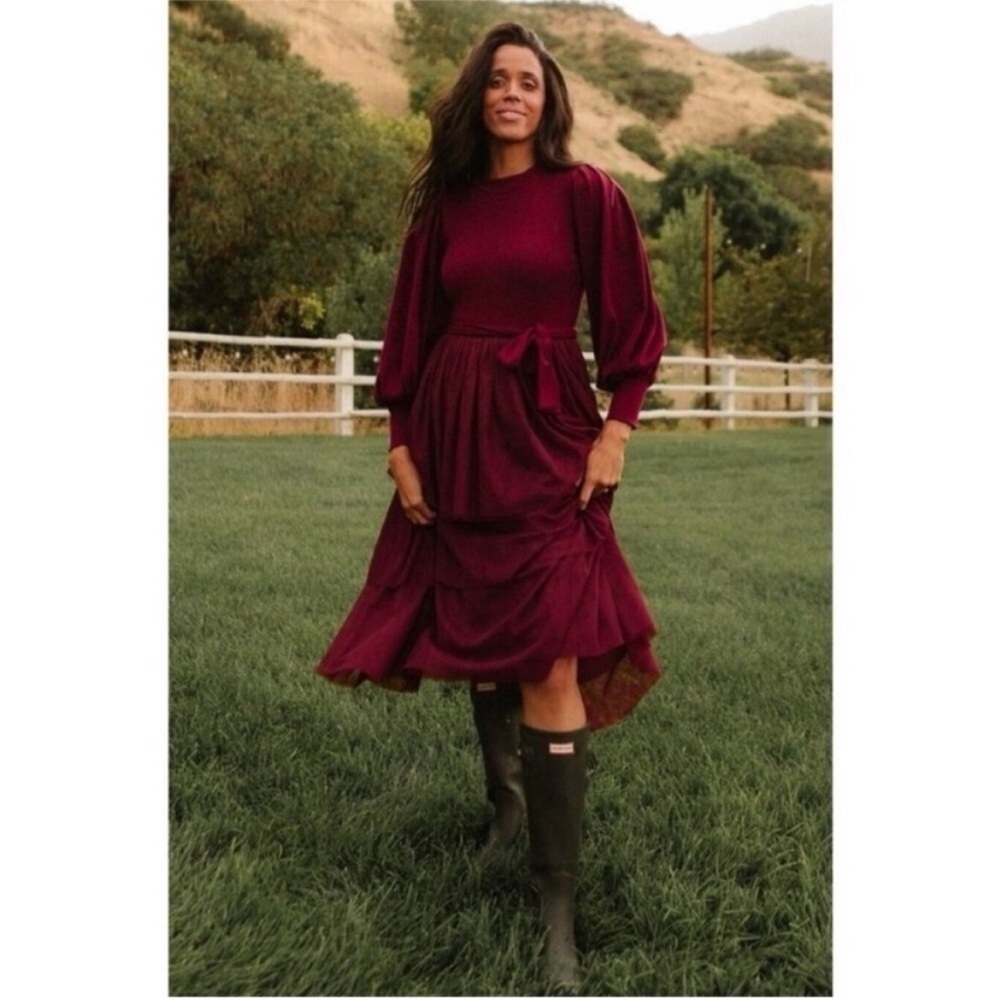 IVY CITY CO Cosette Ribbed Puff Sleeve Tiered Tulle Midi Dress color wine, small